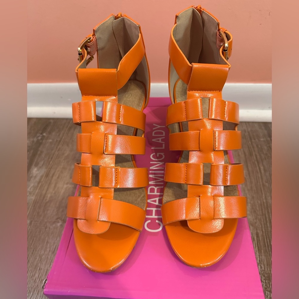 Women’s Orange Wedge Sandals, Size 9